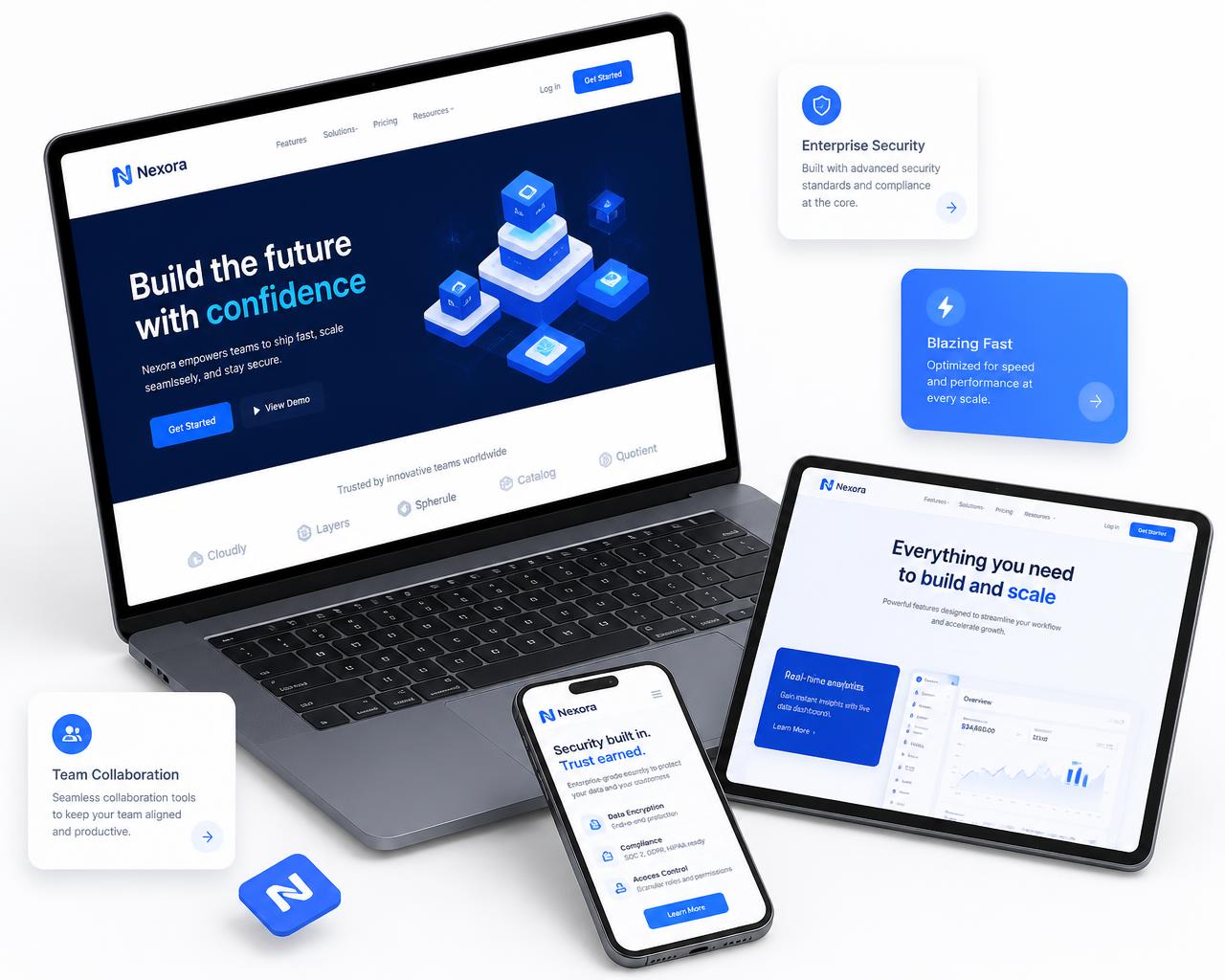 Diseños web de TuServicioWeb en computadora, tablet y teléfono